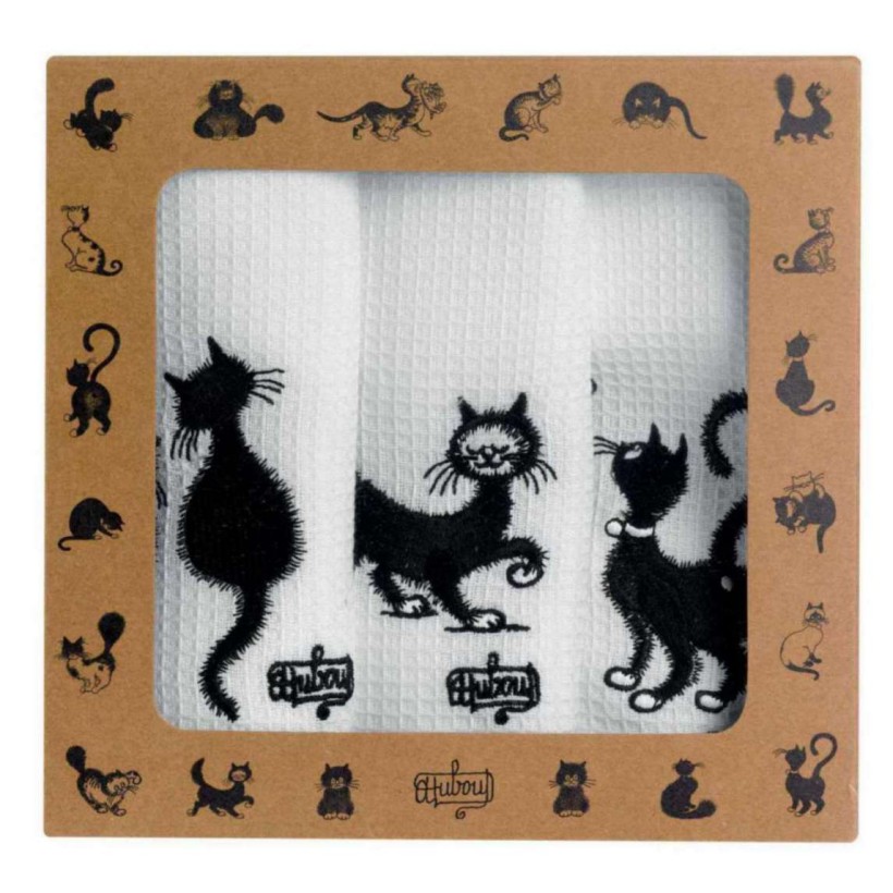 BOX 3 KITCHEN TOWELS DUBOUT LES CHATS BRODES BLANC 40x60 100% COTTON